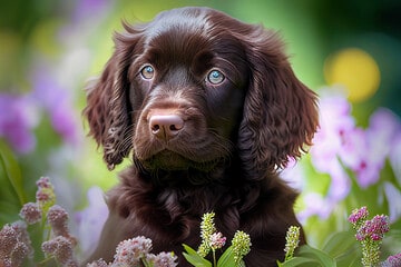 Boykin Spaniel Puppy on a Flowery Field