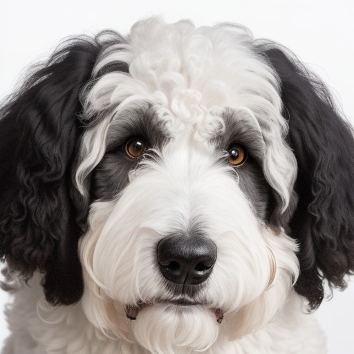 sheepadoodle (sheep dog and poodle mix) portrait