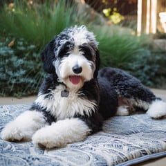 Saint Berdoodle (Saint Bernard + Poodle) lying down on doggy mat outdoors