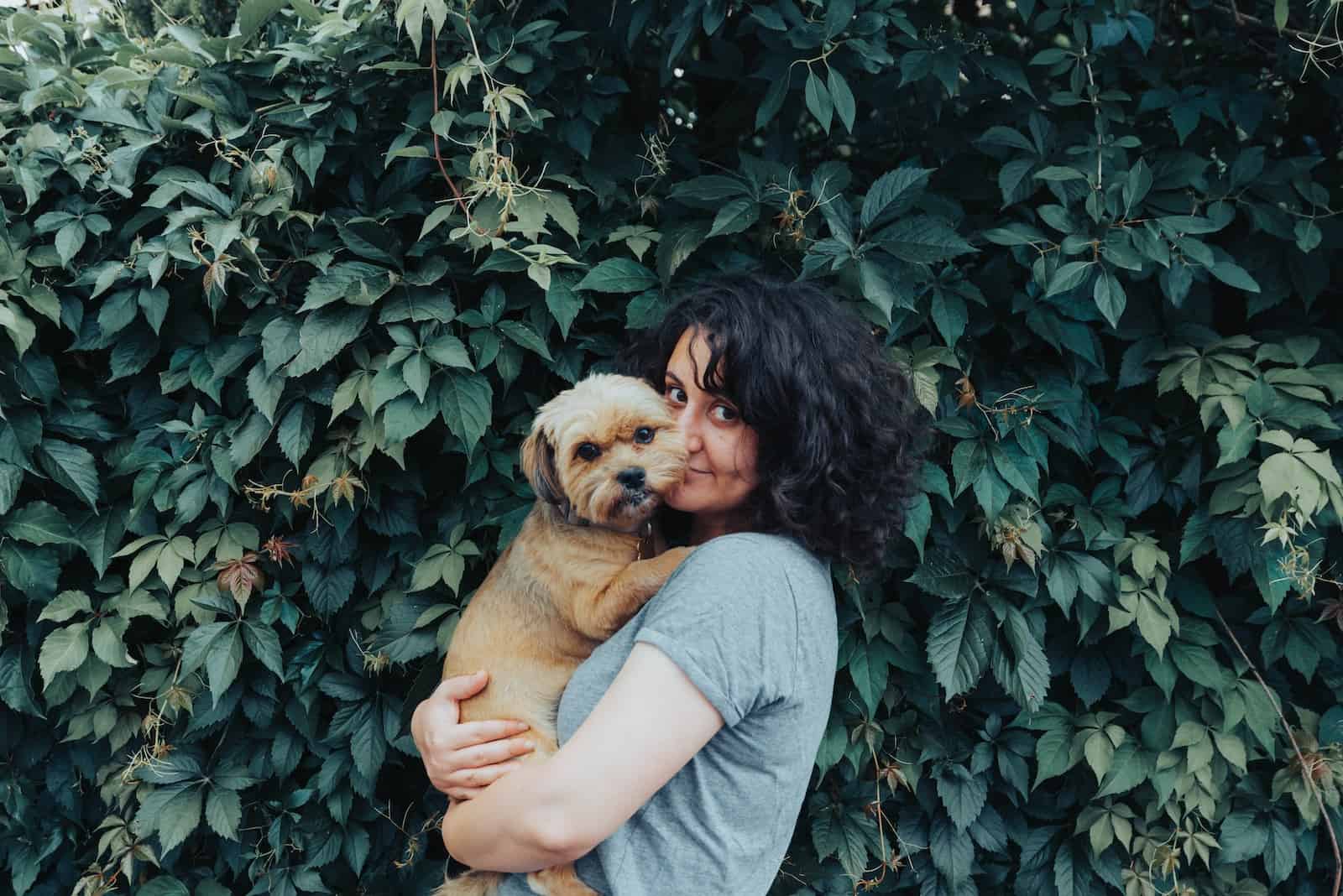 woman in gray t-shirt holding brown short coated dog, Woof Mastery