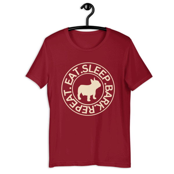 The "Eat Sleep Bark Repeat" French Bulldog Unisex T-Shirt. Red