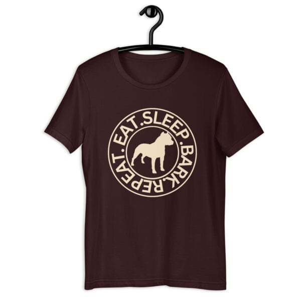 Eat Sleep Bark Repeat Toy Bulldog Unisex T-Shirt. Black Oxblood